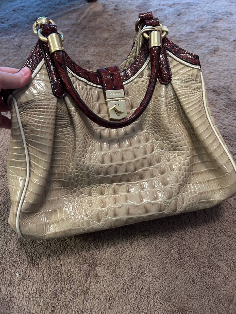Brahmin Beige Croc-Embossed Shoulder Bag with Brown Trim